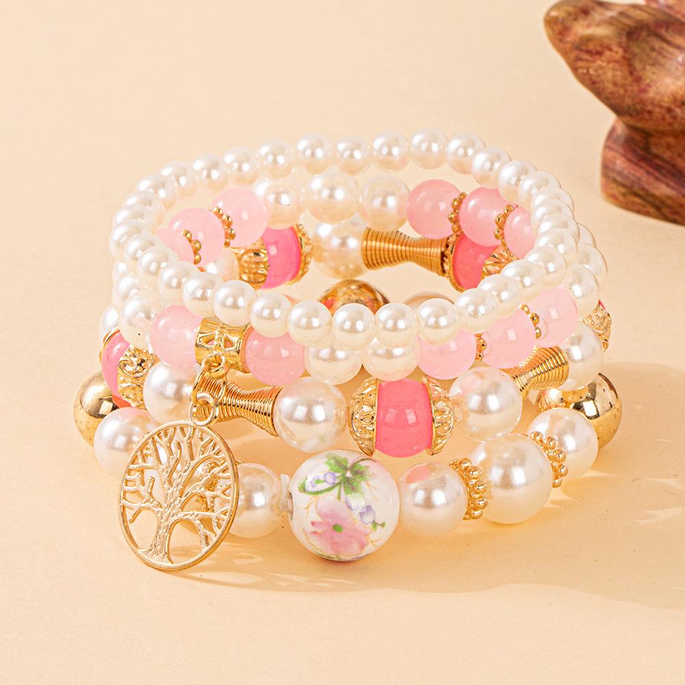 Bohemian Beaded Bracelet Set with Tree of Life Pendant and Faux Pearls