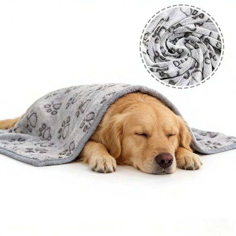 Flannel Pet Blanket Embossed Paw Print Design Soft Cozy Throw Mat for Dogs Cats Sleep Bed Mat Heat Retention Cushion