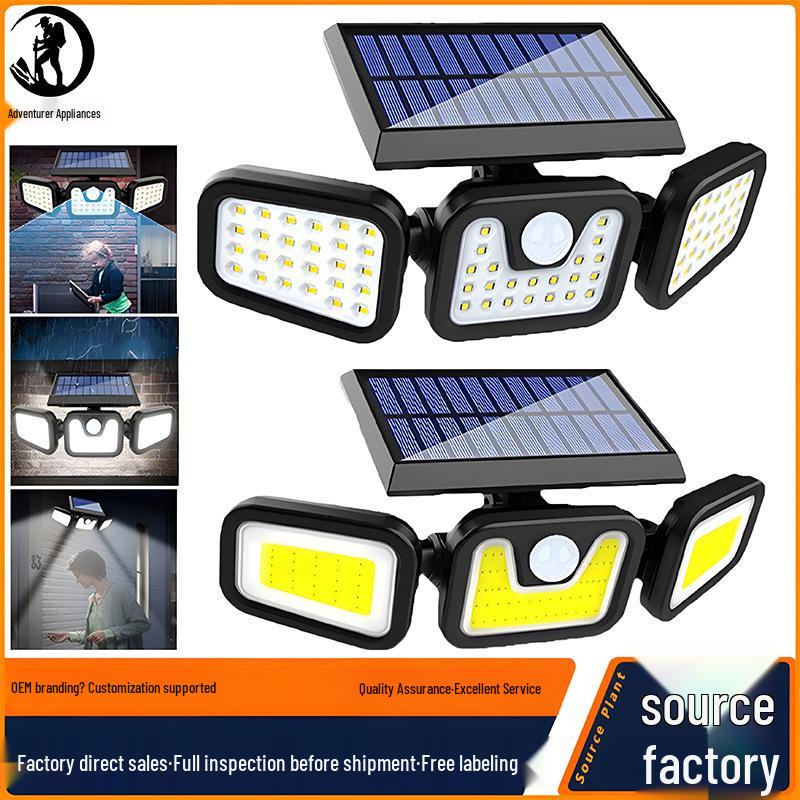 Rotating Three-Head Solar Outdoor Waterproof Wall Light with Motion Sensor