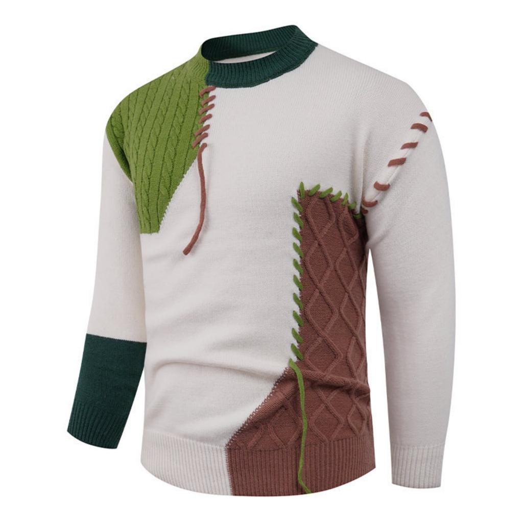 Men's Casual Color-blocked Sweater, Warm And Fashionable Pullover, Paired With A Round-neck Knitted Sweater Inside