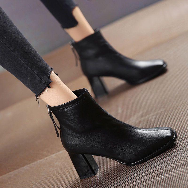 Skinny Boots Women's Martin Boots Spring and Autumn Coarse Heel Women's Boots Versatile High Heel Square Head Short Boots Women's