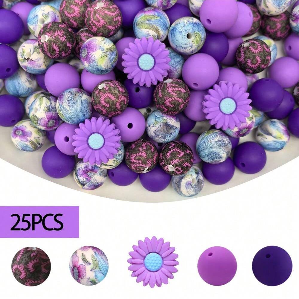 25PCS daisy and floral printed silicone bead set, punk style, suitable for DIY keychains, bracelets, bead pens