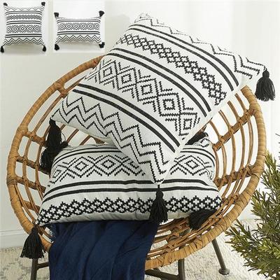 Soft Chenille Tassel Pillowcase Modern Geometric Jacquard Sofa Cushion Bohemian Moroccan White Black Lines Pillow Cover No Pillow Core