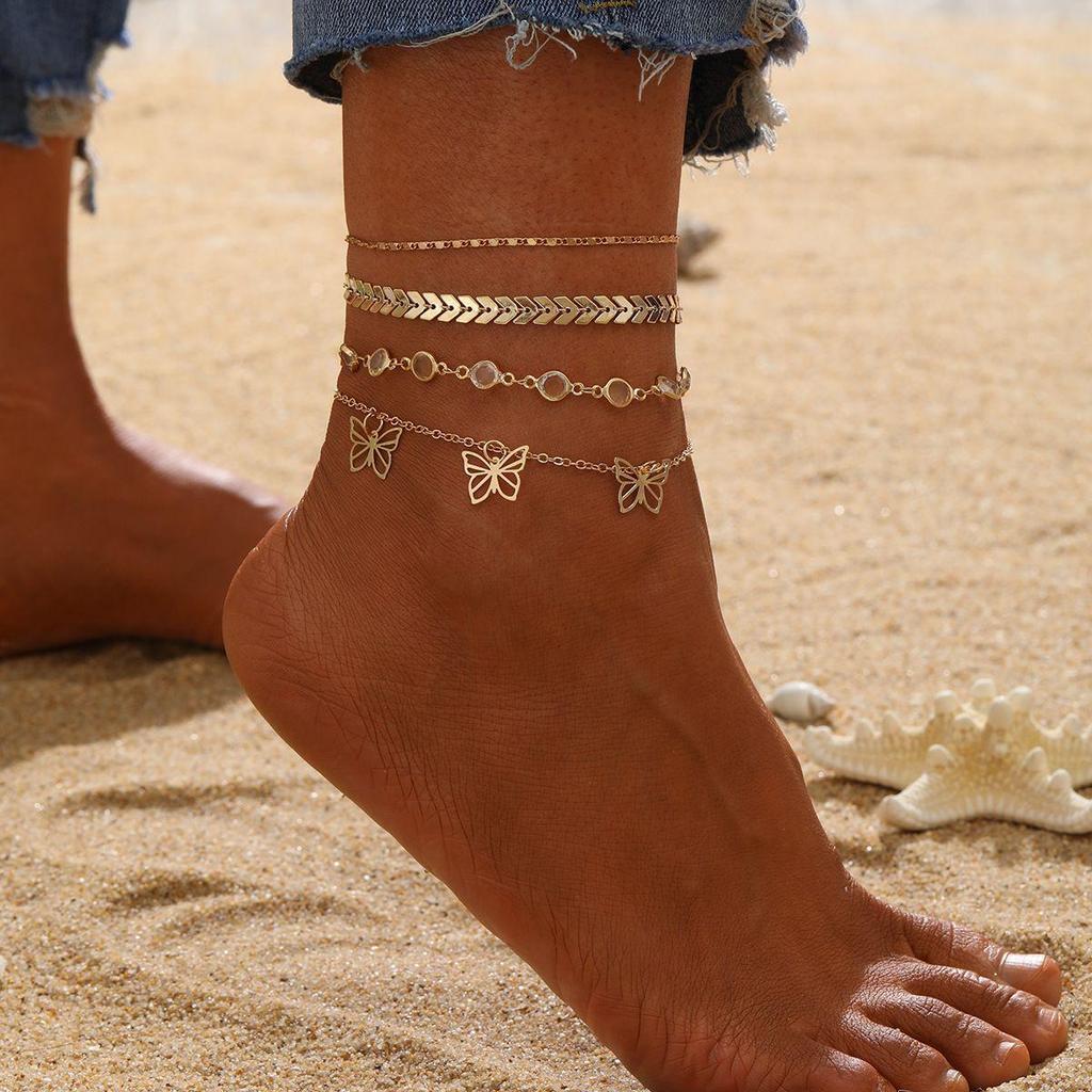Cross-Border Double-Layer Heart & Bead Anklet: Retro, Simple Multi-Layer Alloy Beach Foot Jewelry