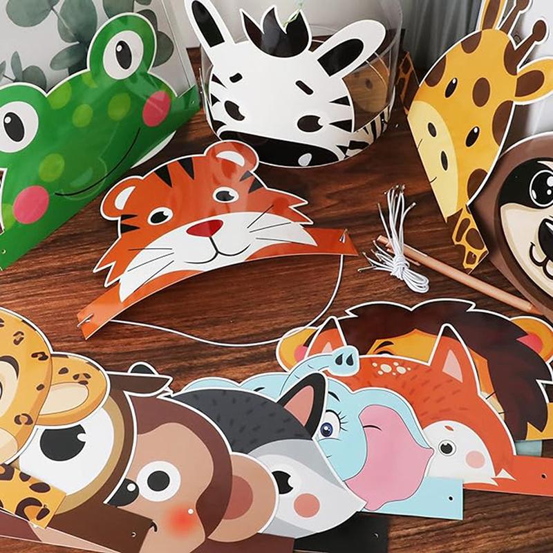 12pcs Jungle Safari Hat Kids Birthday Crown Hat Children's Birthday Party Masks Jungle Wildlife Birthday Party Games Photo Mask