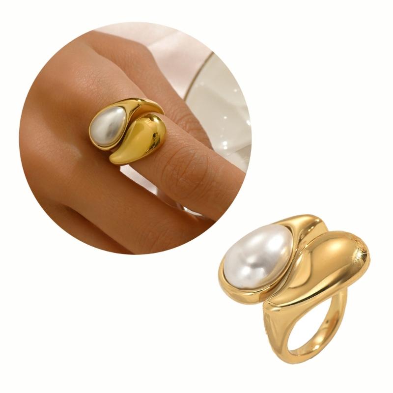 Simple Adjustable Opening Rings Fashion Geometric Pearls Rings Copper Texture Suitable for Wedding and Parties Wear