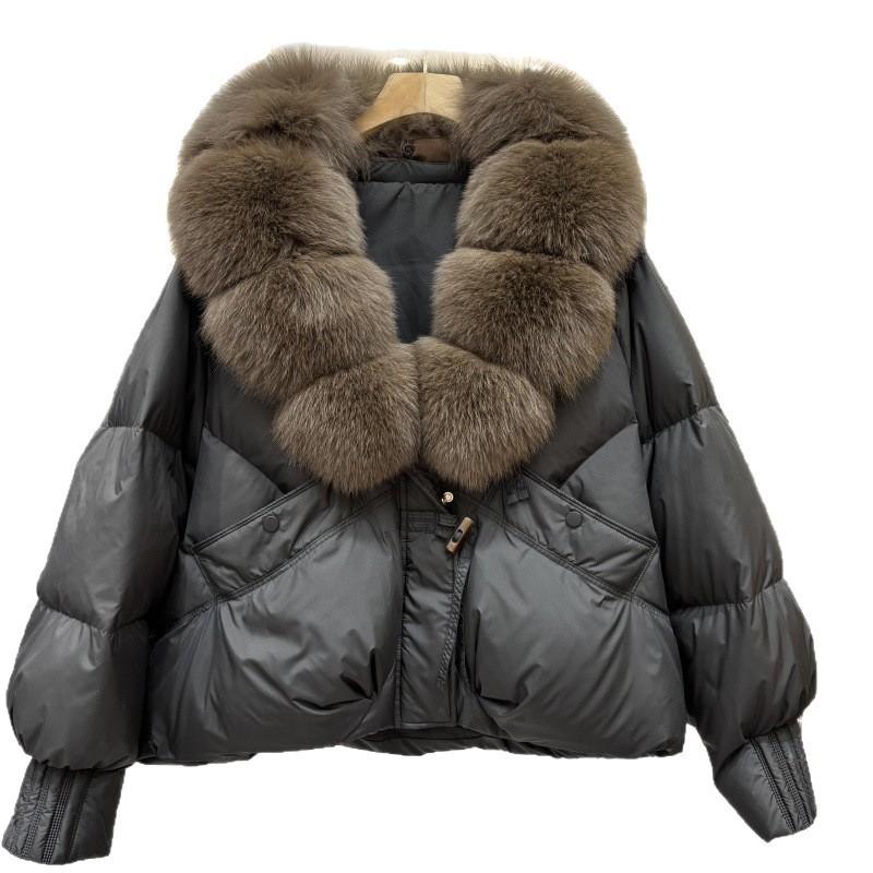Womens Winter Down Coat With Real Fox Fur Collar Warm Thickened Loose Fit Outerwear Daily Wear