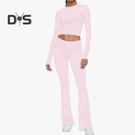 2 Pcs/Set Women Top Pants Suit Skinny High Waist O Neck Long Sleeves Pure Color Stretchy Soft Breathable Yoga Bell Bottoms T-shirt Set Spring Summer