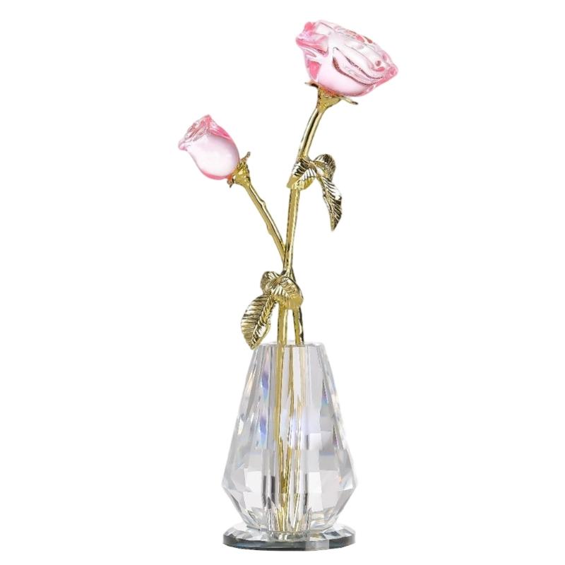 Crystal Rose Sculpture with Vase Collectible Flower Ornament Wedding Anniversary Gift for Home Decoration Accent