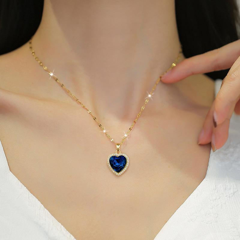 Women's 316L Stainless Steel Heart-Shaped Pendant Necklace with Big Blue Zircon Fashion Clavicle Chain Zircon Gift for Girls