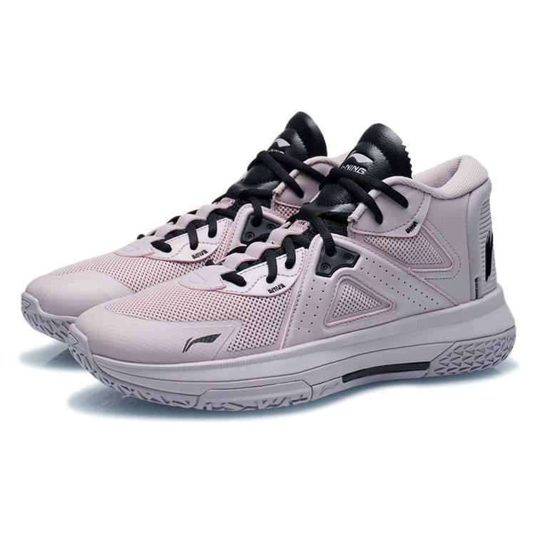 New LiNing Team Logos Emblem Anti Slip And Wear Resistant Lightweight Mid Top Basketball Shoes Light Creamy Purple ABAR117-3