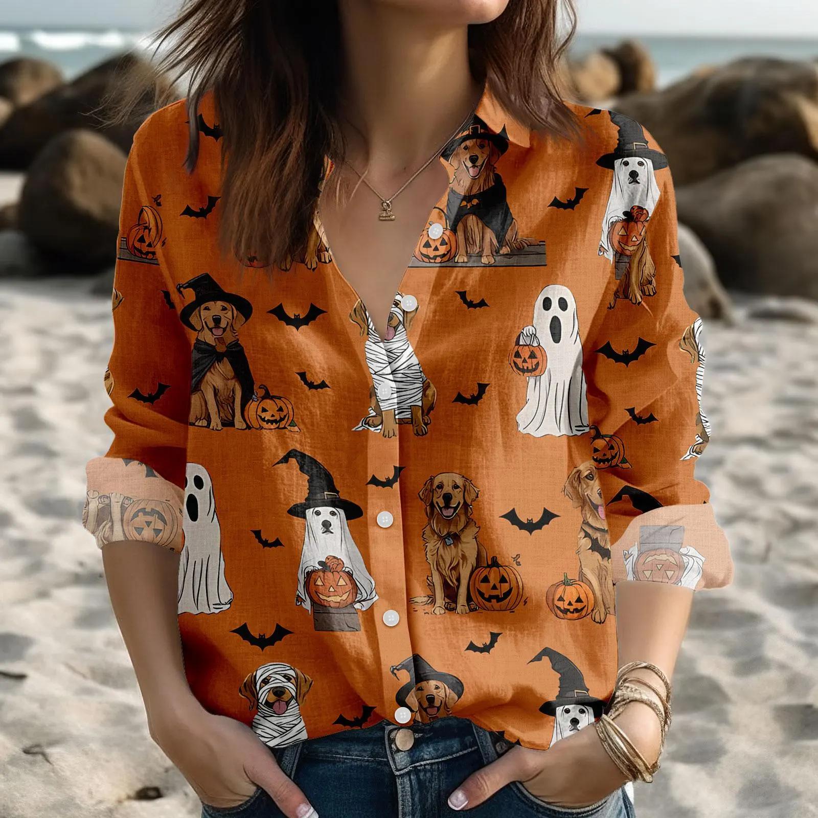 

Halloween Pumpkin Ghost Women Long Sleeves Shirt Autumn New Button-Up Shirt Skull Print Top Women s Spooky Cute Dog Shirt 5XL
