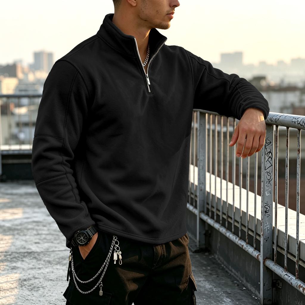 Heavyweight, Warm Men’s Autumn/winter Sports and Casual Loose-fit Versatile Fleece Zip-up Hoodie with Stand-up Collar