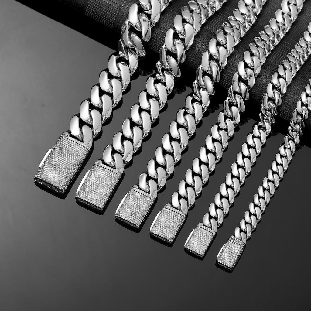 Rhodium Plated Jewelry Iced Out CZ Box Clasp Laminated Stainless Steel Bracelet High Polished Flat Cuban Link Chain Bracelet
