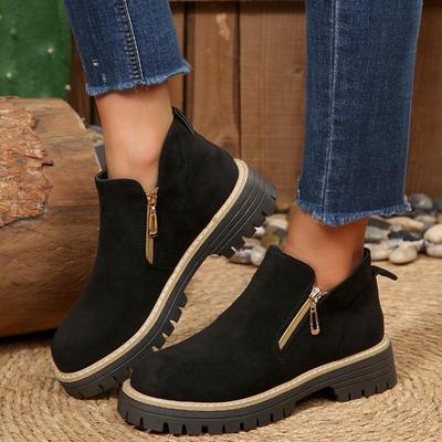 Foreign Trade New Large Size Double Zipper Platform Martin Boots Women's Cross-border Short Tube Round Head Suede Thick Heel and Bare Boots