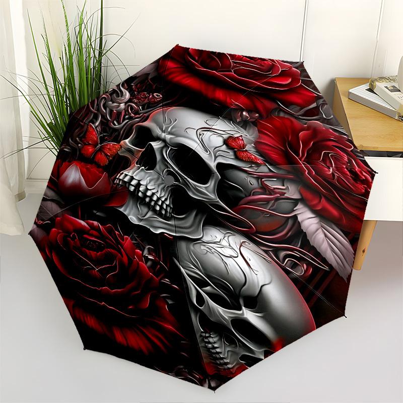 

Skull Roses Themed Automatic Opening and Closing Umbrella, Brightly Colored 8 rib Portable Umbrella, Suitable for Men and Women, A Perfect G