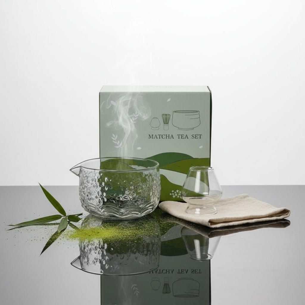 5 Pieces Glass Matcha Bowl and Whisk Set Flow Spout Design Japanese Matcha Tea Set Gift Ready for Beginners
