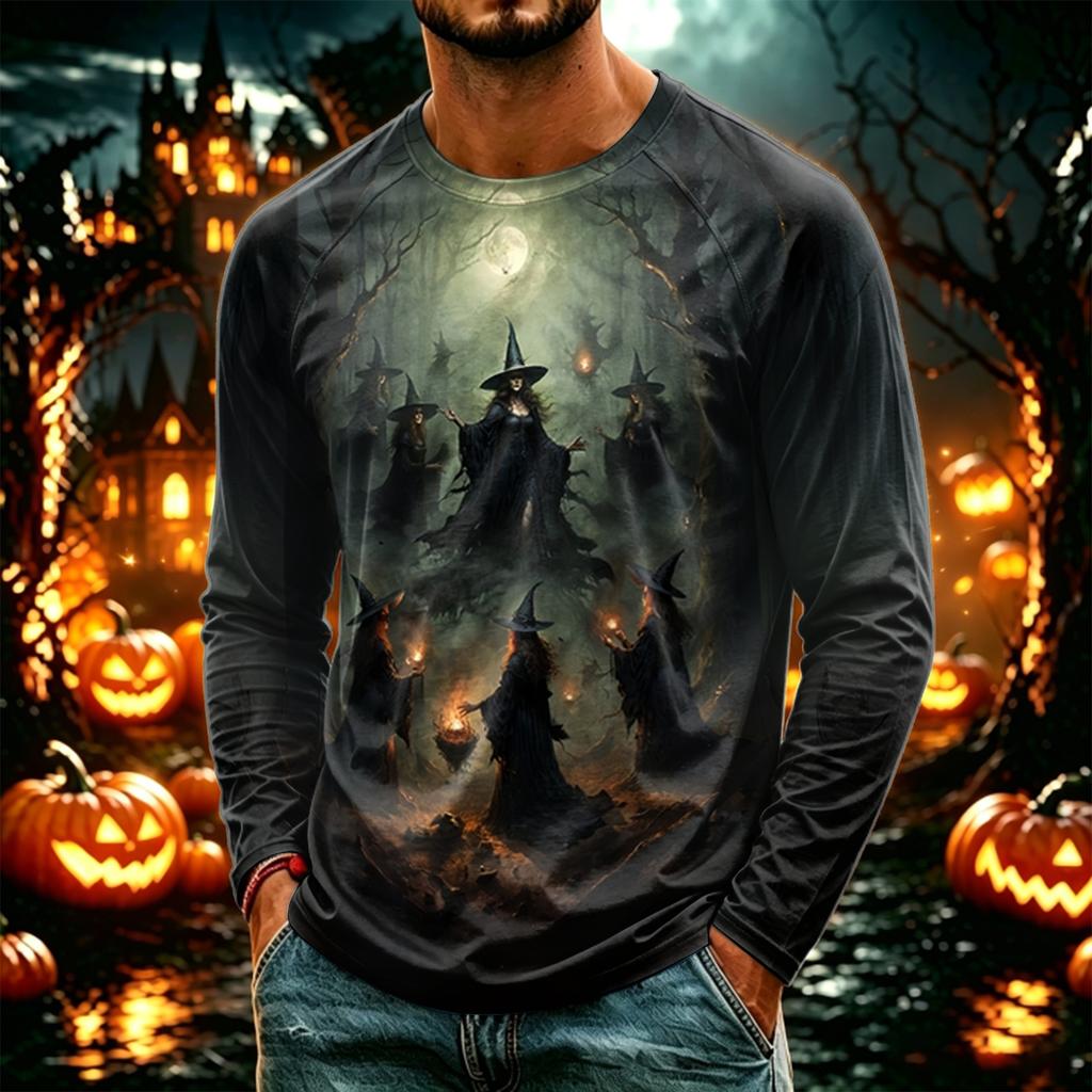 Men's Casual Halloween Print Neck Long Sleeve T-Shirt Lightweight for Daily Wear