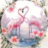Romantic Pink Flamingo Couple Round Metal Tin Sign D Flat Printing Floral Lake Wall Plaque For Home Decor