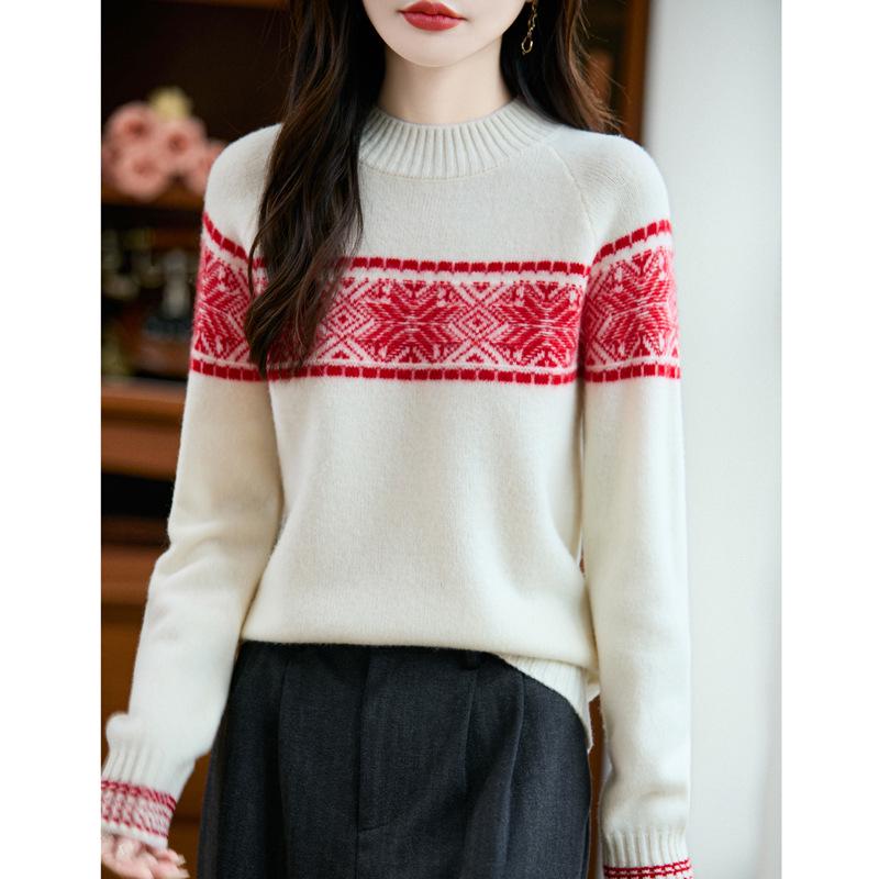Elegant Women's Fair Isle Jacquard Knit Wool Sweater - 2025 Autumn/Winter Collection