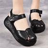 Women's Leather Baotou Hollow Out Wedges Sandals Summer New Thick Sole Non Slip Breathable Retro Velcro Outdoor Beach Sandals