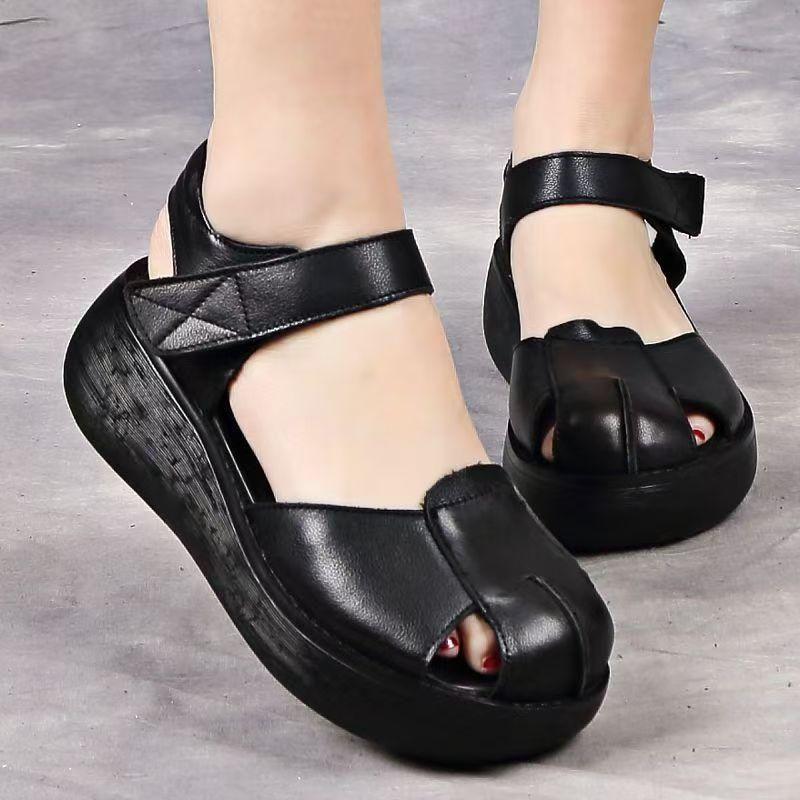 Women's Leather Baotou Hollow Out Wedges Sandals Summer New Thick Sole Non Slip Breathable Retro Velcro Outdoor Beach Sandals