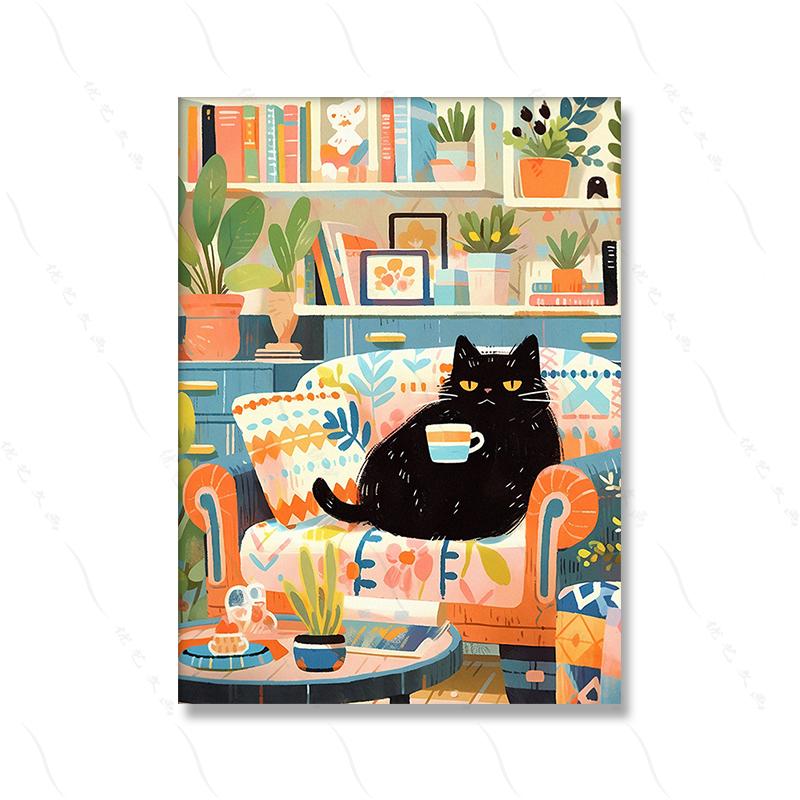 Cute Cat Print Wall Art of Coffee Lovely Black Cat Painting Cat Mom Gift for Cat Parents Birthday Wall Decoration Pictures