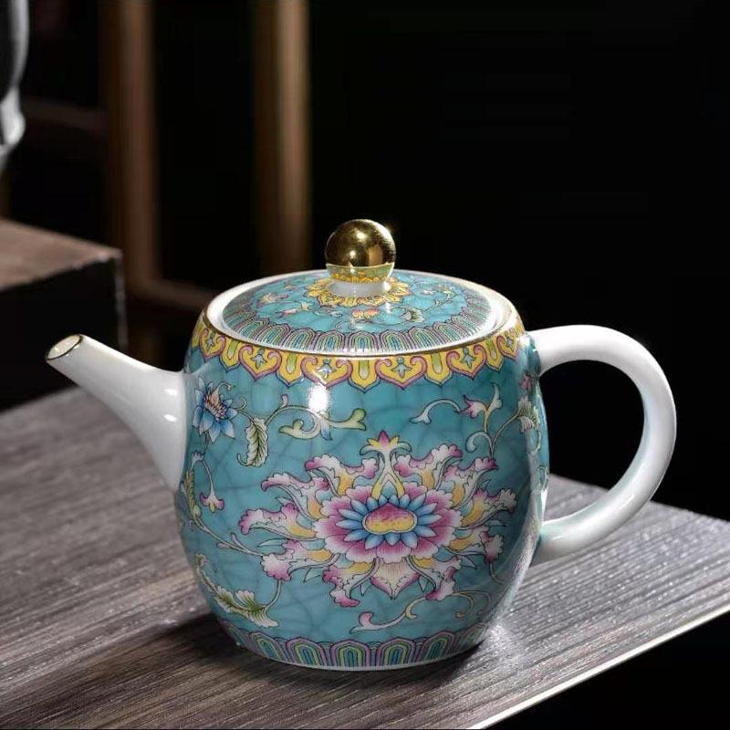 Large Ceramic Teapot Set with Hand Painted Flowers Home Tea Brewing Kungfu Tea Kit with Handle