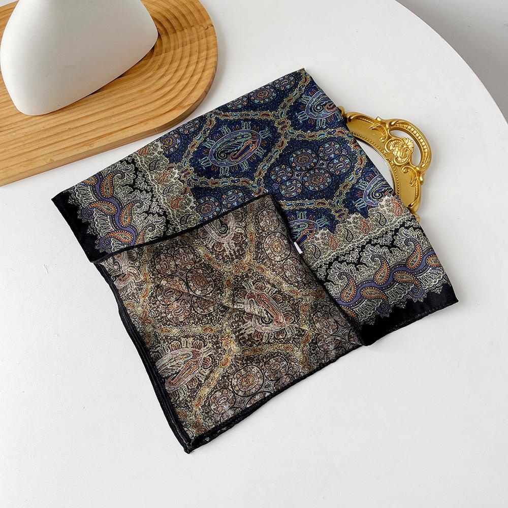 Retro Flower Silk Scarf Autumn and Winter Temperament Elegant Scarf Herringbone Silk Scarf Double-sided Literary Square Scarf Cotton and Linen Square
