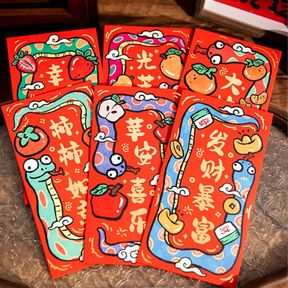 6PCS/SET Hand Drawn Red Pocket Snake Pattern Good Luck Hongbao Luck Money Bag  Company Celebration