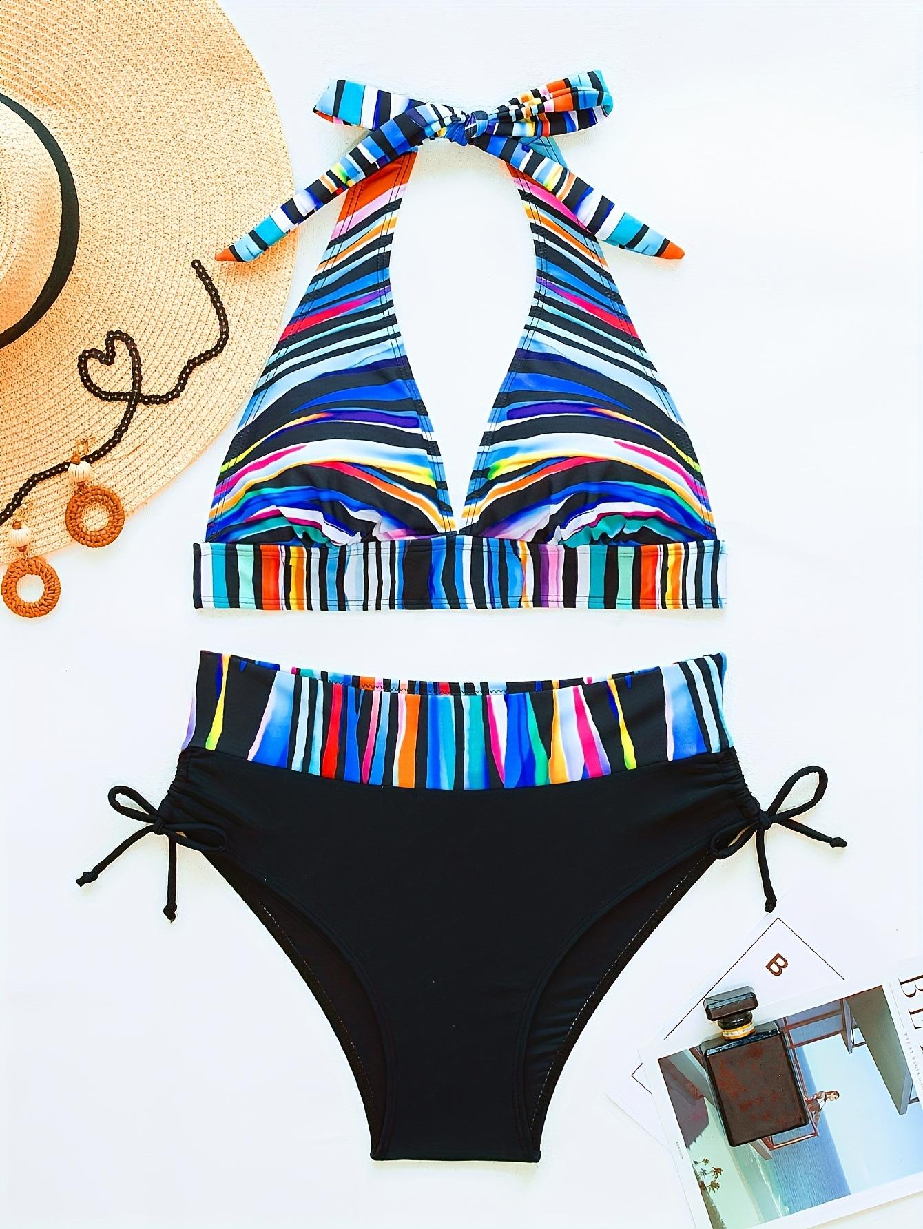 Stripe Print Halter Tie Drawstring Shorts Two Piece Bikini Fashion For Summer Beach Holiday S