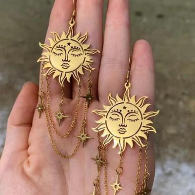 Bohemia Fashion Stainless Steel Gold Color Human Face Sun Star Tassel Chain Dangle Earrings for Women Retro Charm Jewelry Gifts