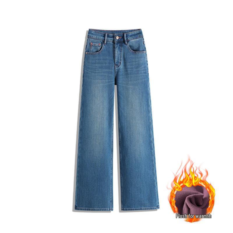 

Cozy Classic Plus-Velvet Jeans: Sunny Blue Straight-Leg Wide Pants with Lyocell. Small