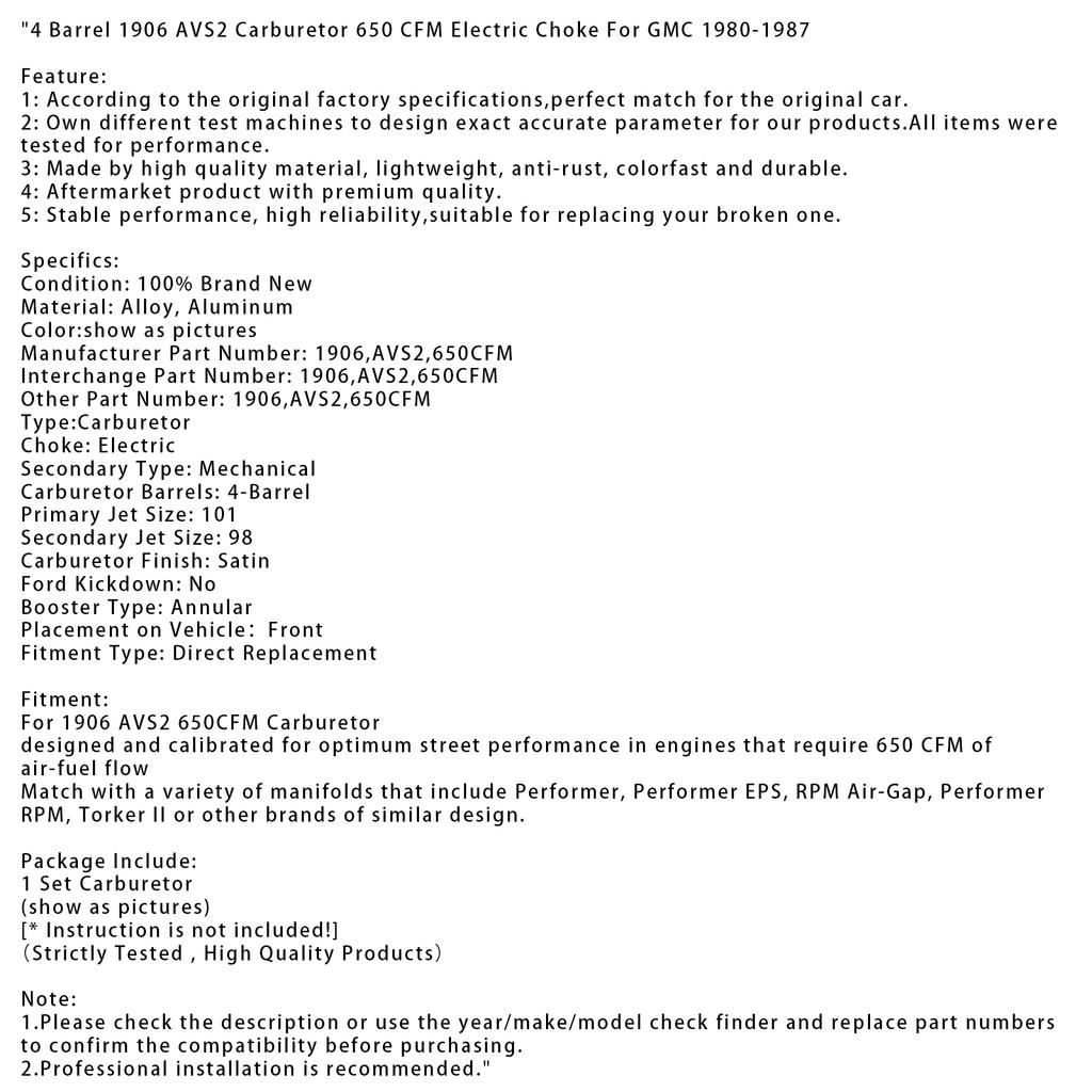 4 Barrel 1906 AVS2 Carburetor 650 CFM Electric Choke For GMC 1980-1987