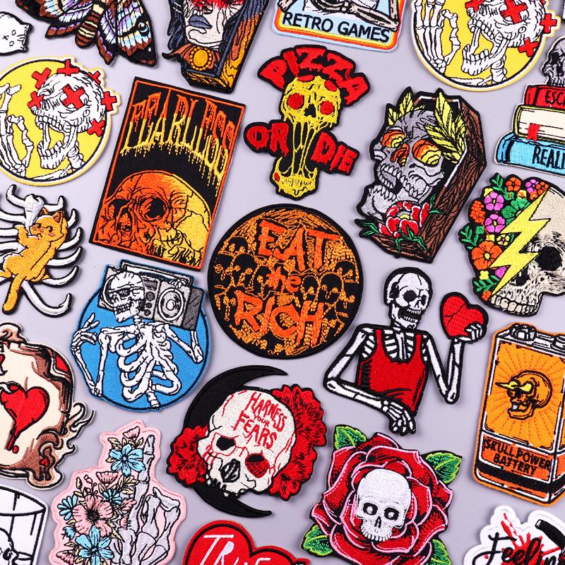 Punk Skull Embroidery Patch Iron On Patches For Clothing Hip Hop Embroidered Patches On Clothes Fusible Patch For Clothes Badges