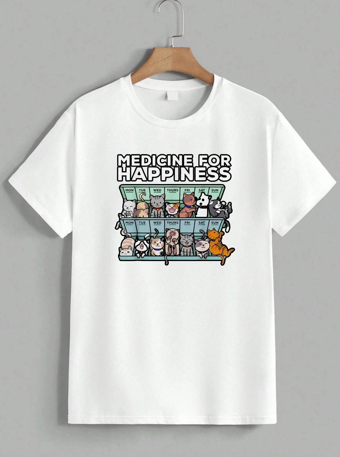 Medicine For Happiness T-Shirt Funny Cat Lover Box Graphic Tee Gift Idea Unisex XL