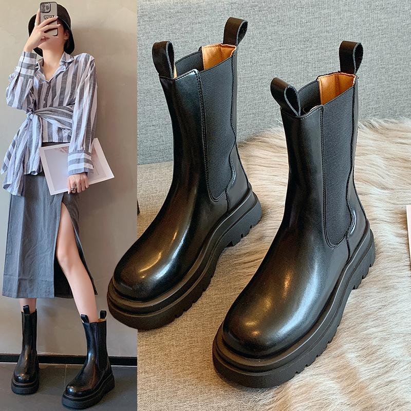 Black thick-soled 2025 spring and autumn new versatile British style high boots Chelsea cigarette short boots