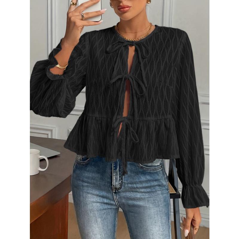 Women S Long Sleeve Lace Up Casual Solid Color Blouse