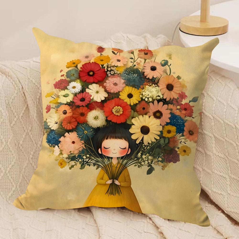 The girl is holding flowers Cushion Cover Soft Plush DoubleSided Printed Sofa Pillow Cushion Cover  Cozy AllSeason Decor Gift