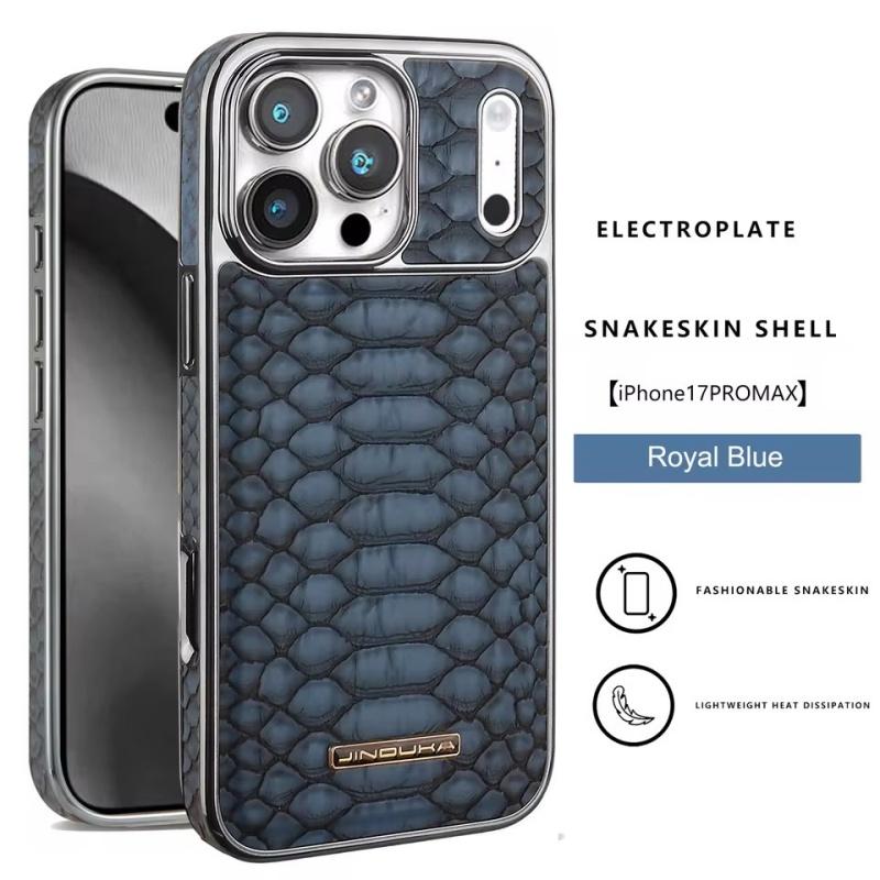

Luxury Fashion Snake-Patterned Leather Phone Case For iPhone 17 16 15 14 13 12 Pro Max 17Air Inner Shell With Flannel Lining iPhone 17 Pro темно-синього кольору