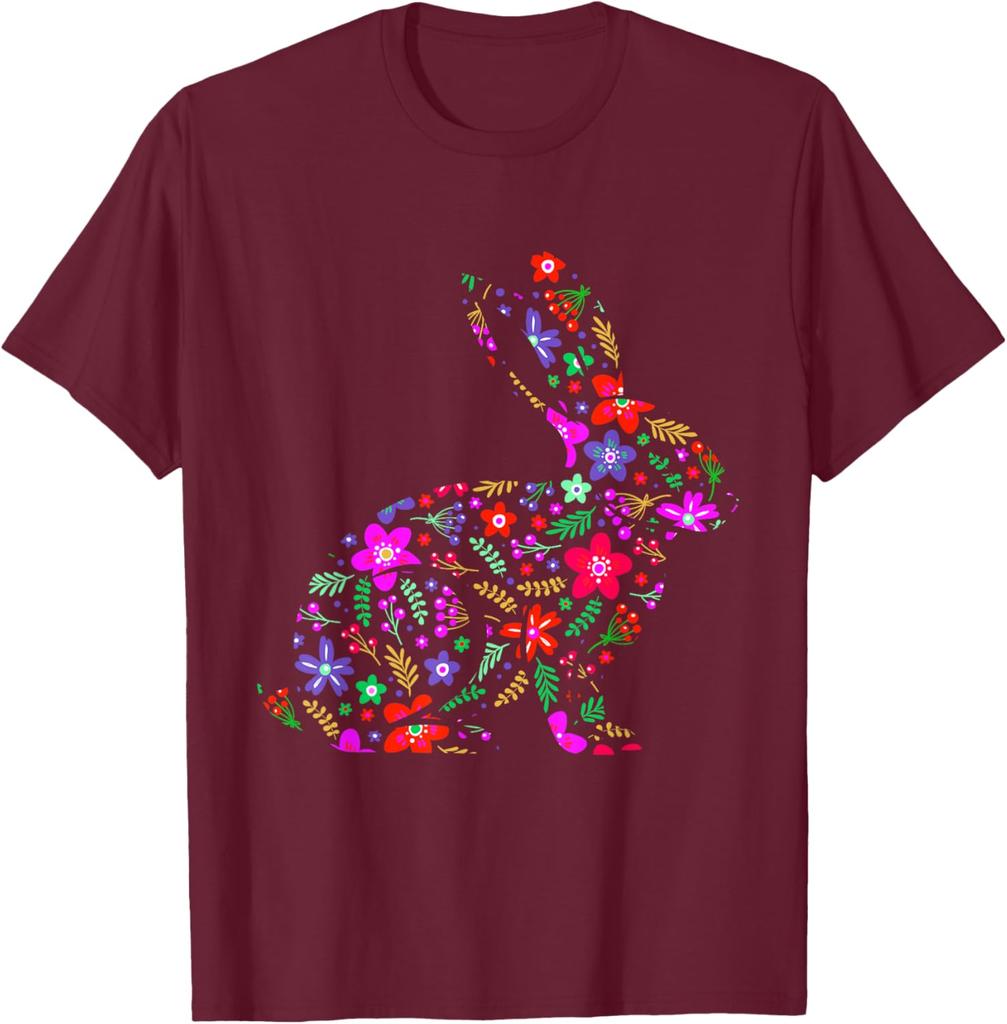 Floral Easter Bunny Rabbit Silhouette Spring Flowers Graphic T-Shirt Men Casual Trip