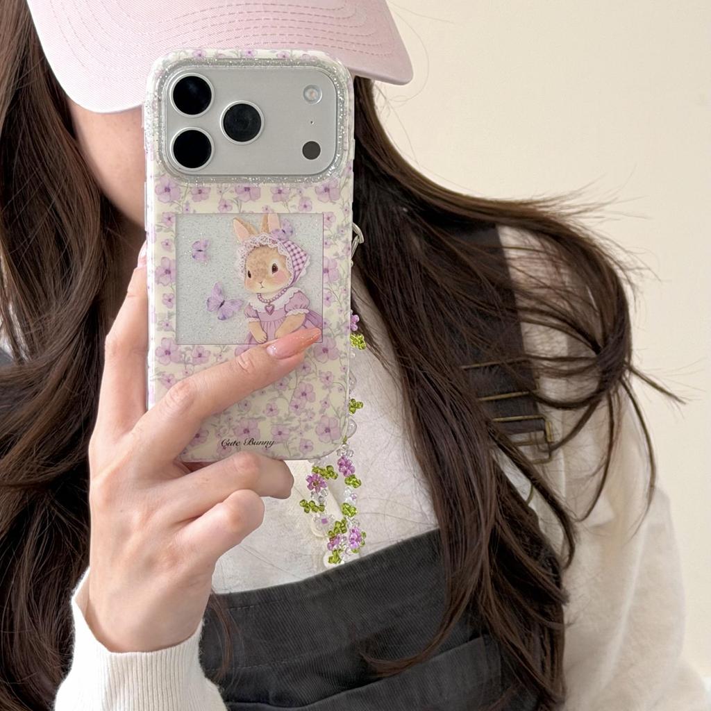 Purple Floral Rabbit Chain Case for iPhone 15/14/16/17 Pro Max