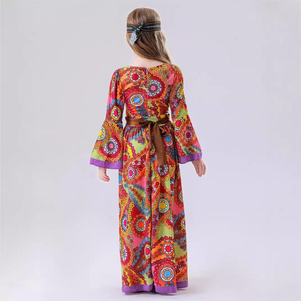 Children's Hippie Costume 70s 60s Vintage Disco Costume Dresses Girl Halloween Carnival Festival Party Stage Wear Headscarf Outfit