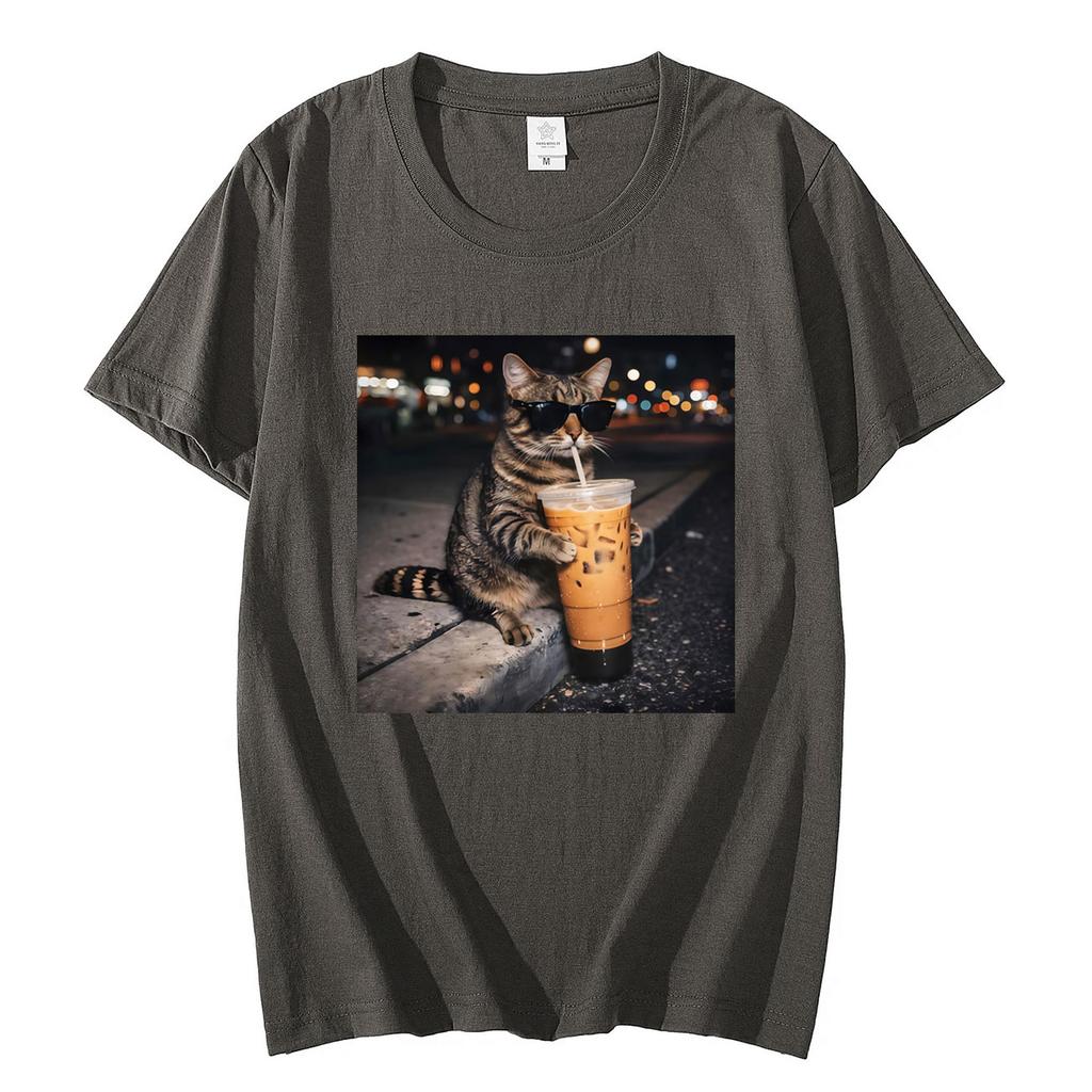 Funny Cat Drinking Coffee Meme Graphic T Shirts High Quality Fashion Short Sleeve Tshirts Men Women Casual Loose Cotton Tshirt