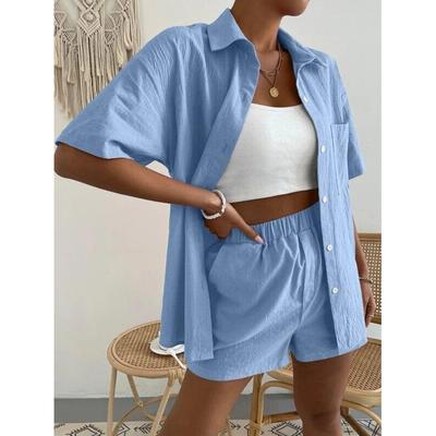 Sommer 2 Stück Outfits für Frauen Kurzarm Bluse Frauen Weite Bein Shorts Set Mode Damen Solide Zwei Stück Shorts Anzüge 22365