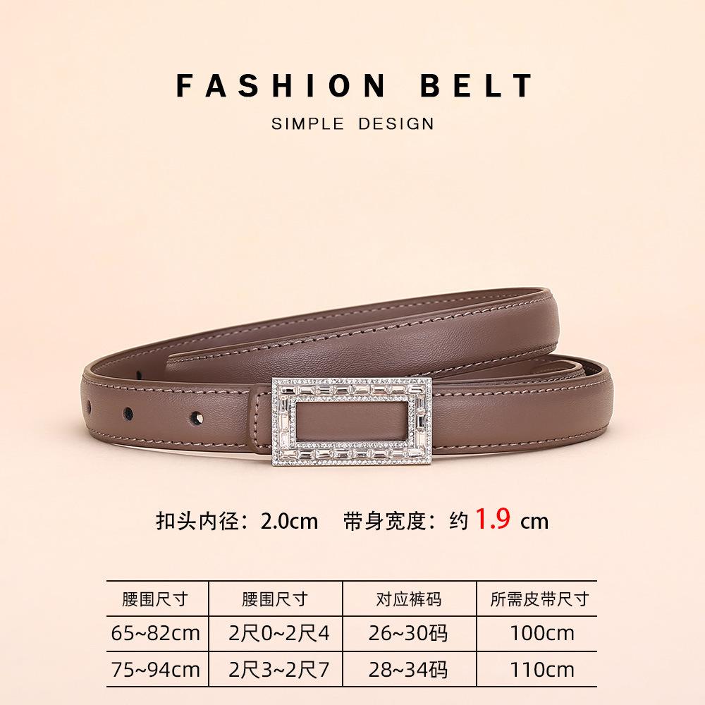 Women'S Leather Belt Rhinestone Inlaid Premium Jeans Pants Belt Square Buckle Cowhide Belt Women'S
