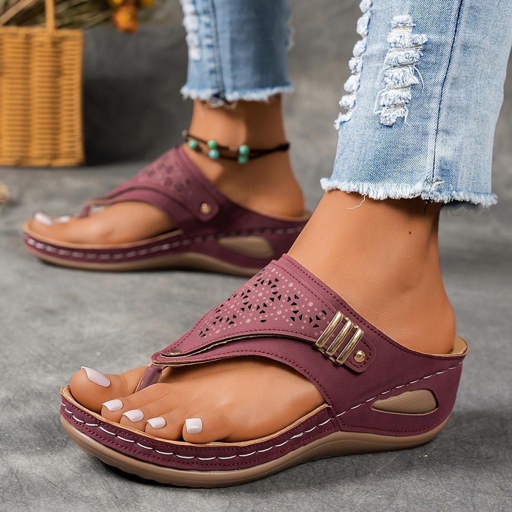 Flop Fashion Flip Thong Womens Sandals Cutout Design Soft Sole Slope Heel Metallic Embellishment Comfortable Beach Flip Flops Womens Sandals
