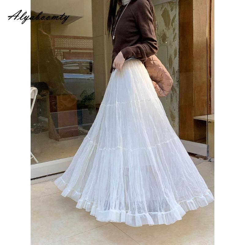 Spring Summer Women Fairy Long Skirt High Waist Gray Apricot Black Yellow Mesh Skirt Romantic Ruffles Tierred Skirts Womens