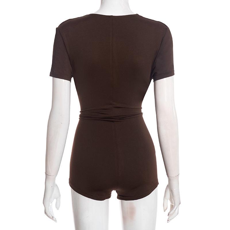 D25RP581 Solid Color Slim Fit Sexy Deep V Drape Neck Short Sleeve Jumpsuit Shorts