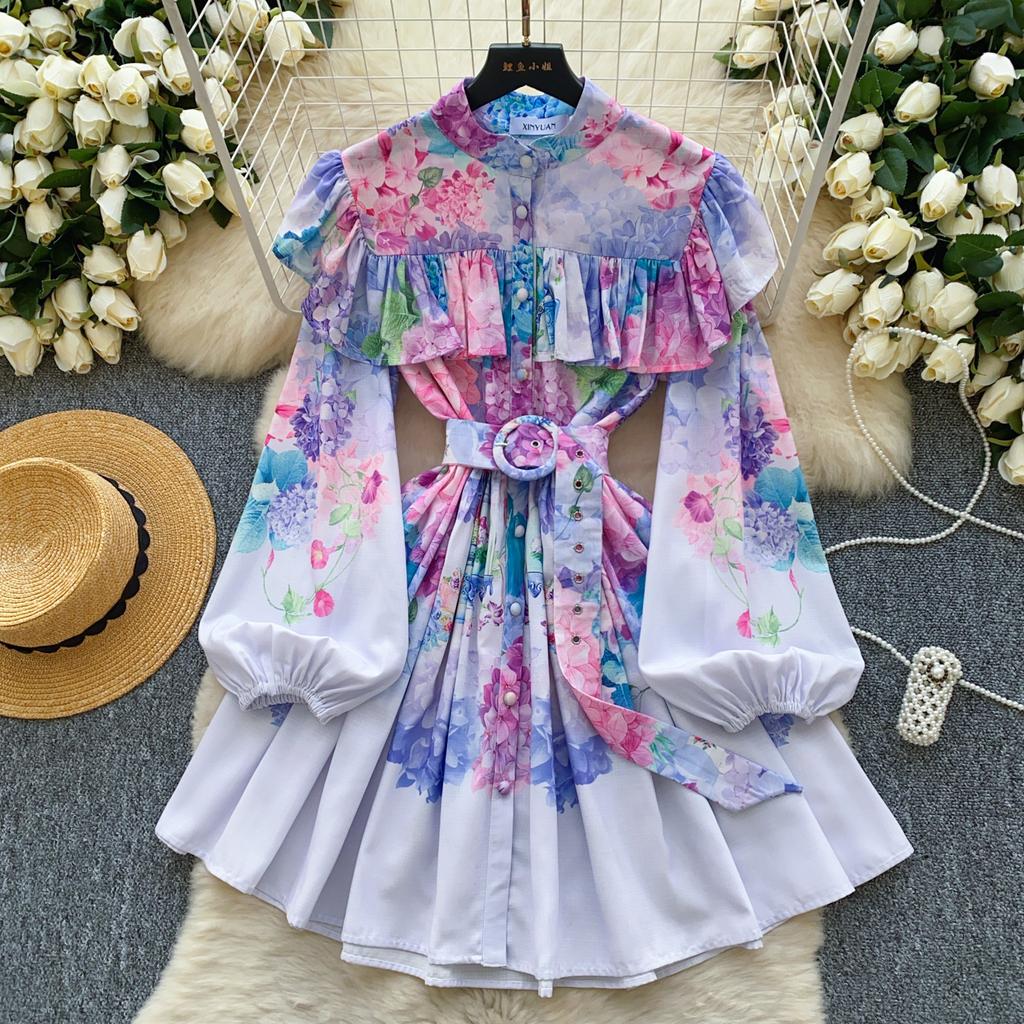 Spring Summer Women Elegant Lantern Sleeve Ruffles Mini Short Princess Party Dresses